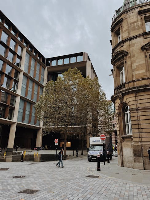 A street scene showing a building with a modern glass and concrete facade on the left and a traditional stone building with rounded windows and decorative elements on the right, with a large tree in the center partially obscuring the view. In the foreground, there is a paved area with a few pedestrians walking, including one person with a backpack. A moving van with a company logo is parked near the tree, and a worker is loading or unloading boxes and furniture wrapped in plastic and blankets from the van. The scene suggests a home relocation process involving furniture transport and packing, with members of the Man with Van Bayswater team managing the loading on a cloudy day.